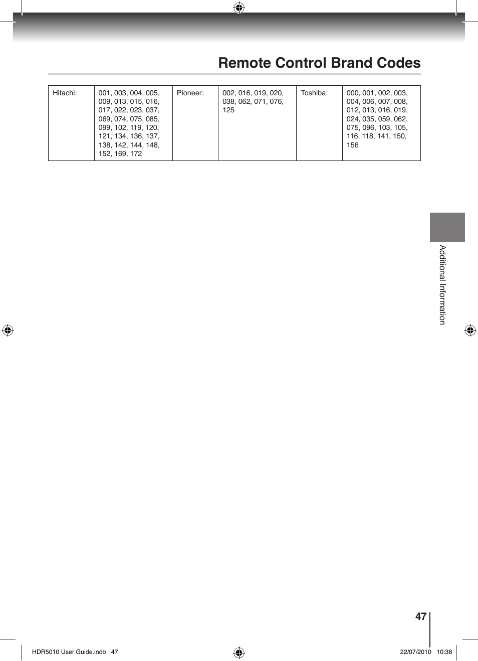 Remote control brand codes | Toshiba HDR5010 User Manual | Page 47 / 48