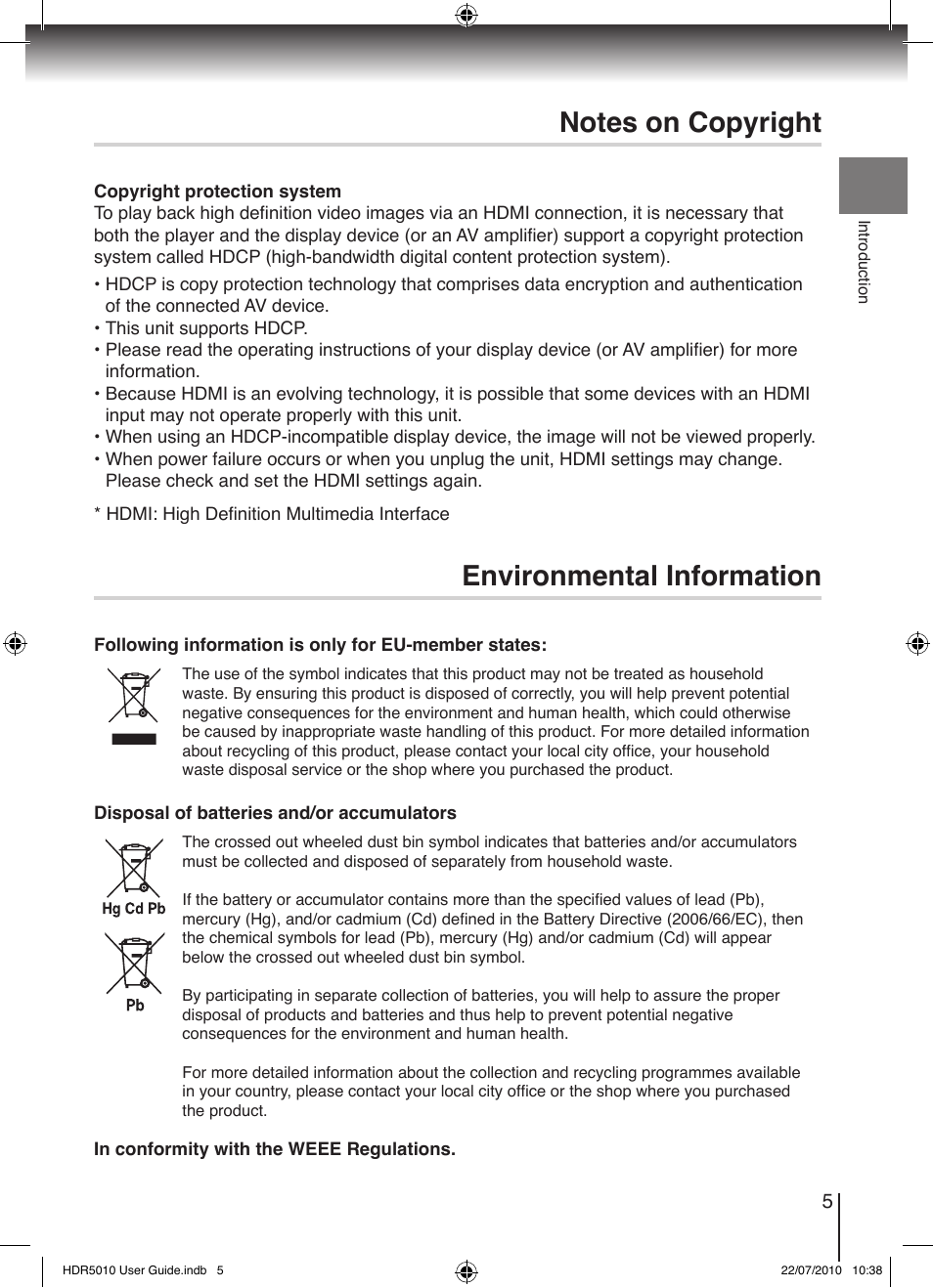 Environmental information | Toshiba HDR5010 User Manual | Page 5 / 48