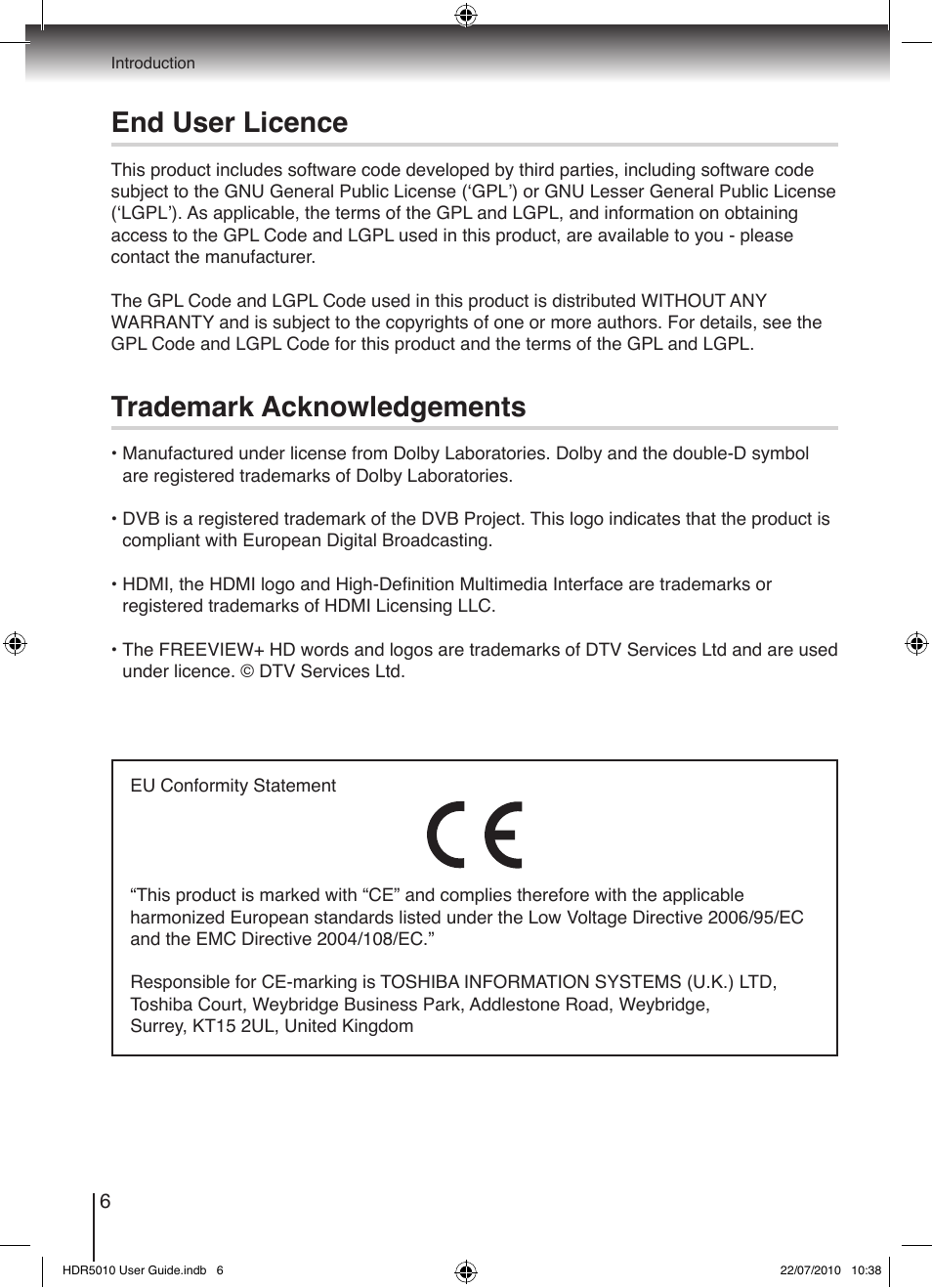 End user licence, Trademark acknowledgements | Toshiba HDR5010 User Manual | Page 6 / 48