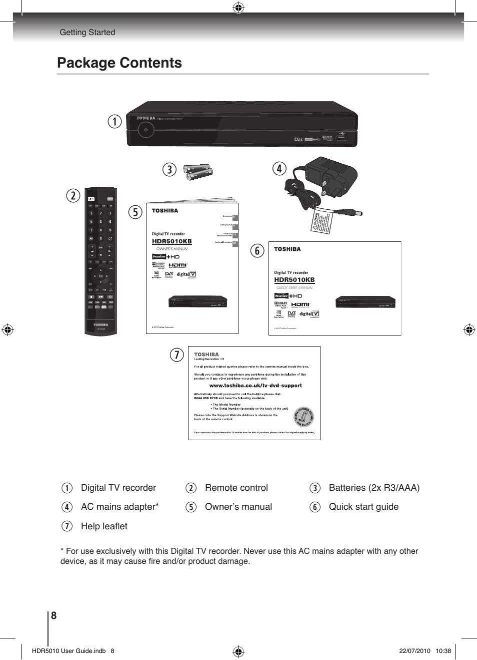 Package contents | Toshiba HDR5010 User Manual | Page 8 / 48