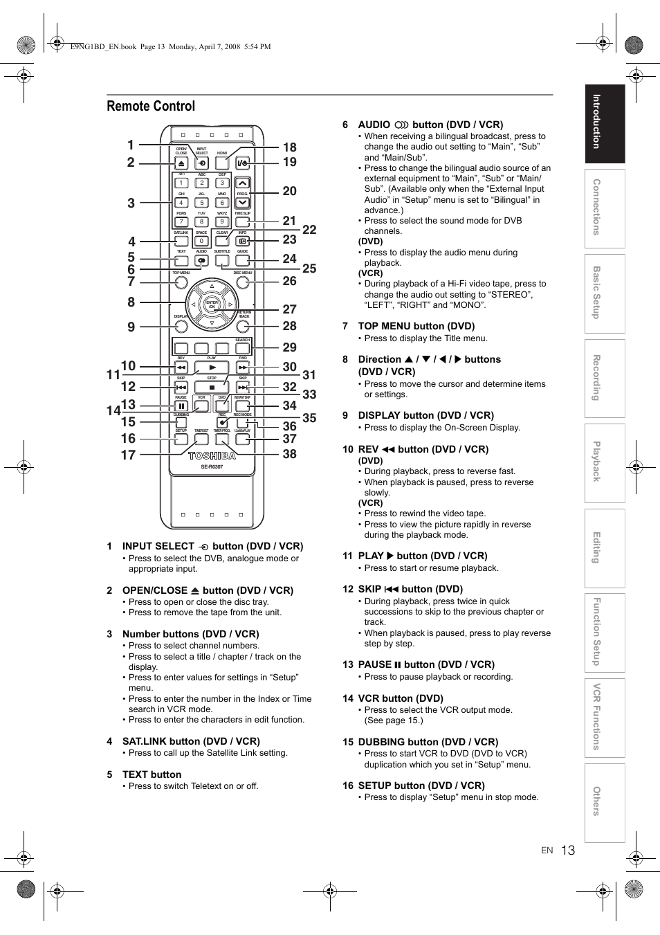 Remote control | Toshiba DVR18 User Manual | Page 13 / 96