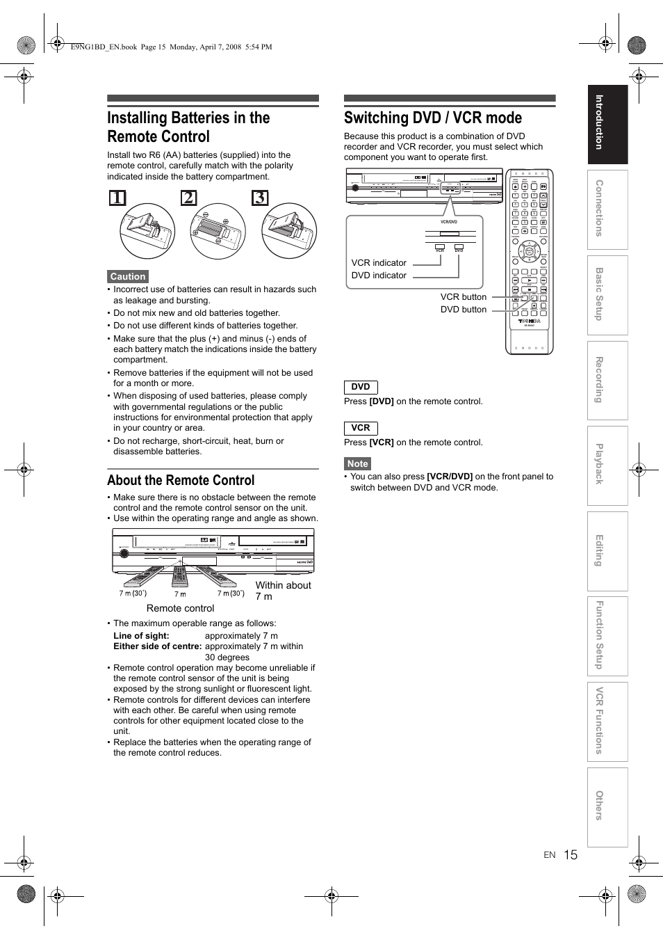 Installing batteries in the remote control, Switching dvd / vcr mode, About the remote control | On/standby, Rec dubbing program vcr/dvd rec, Caution | Toshiba DVR18 User Manual | Page 15 / 96