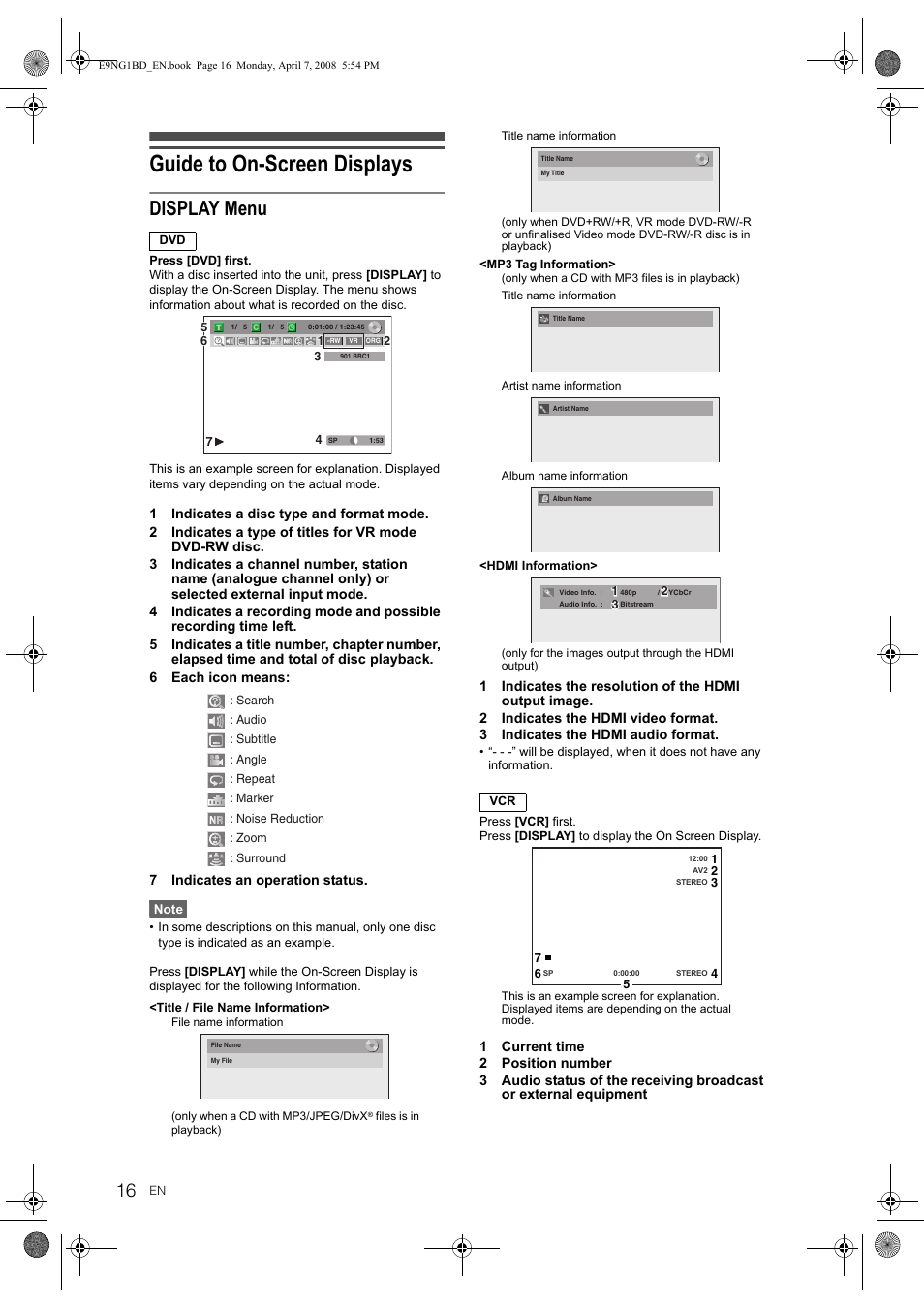 Guide to on-screen displays, Display menu | Toshiba DVR18 User Manual | Page 16 / 96