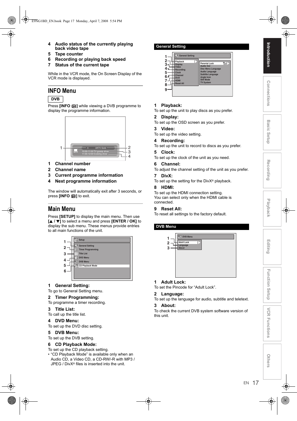 Info menu, Main menu | Toshiba DVR18 User Manual | Page 17 / 96