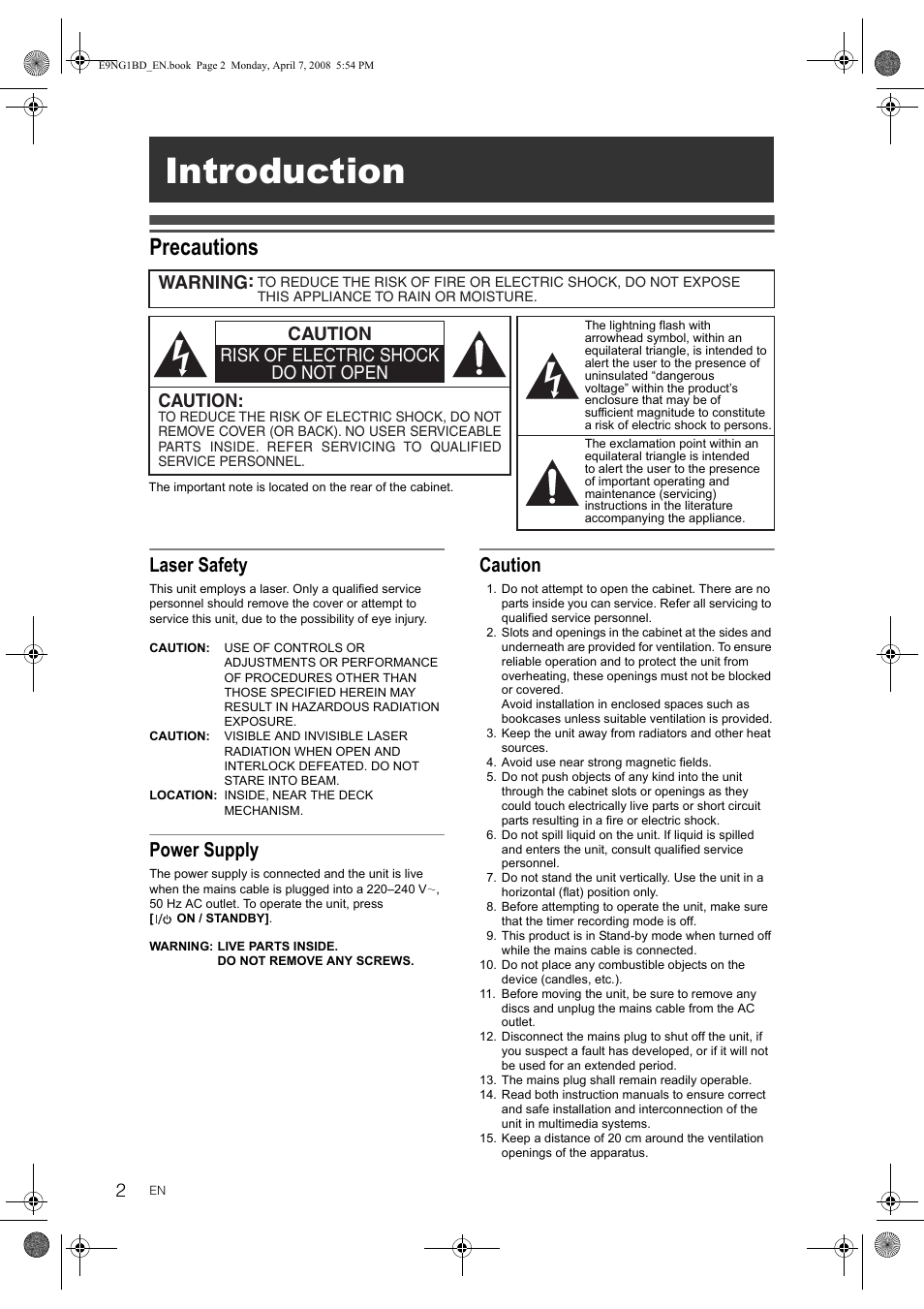 Introduction, Precautions, Laser safety | Power supply, Caution, Caution risk of electric shock do not open caution, Warning | Toshiba DVR18 User Manual | Page 2 / 96