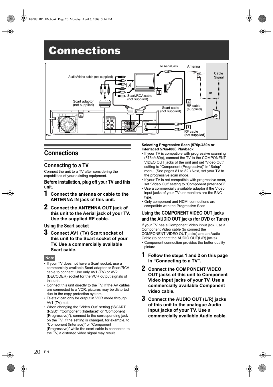 Connections, Connecting to a tv, Using the scart socket | Toshiba DVR18 User Manual | Page 20 / 96