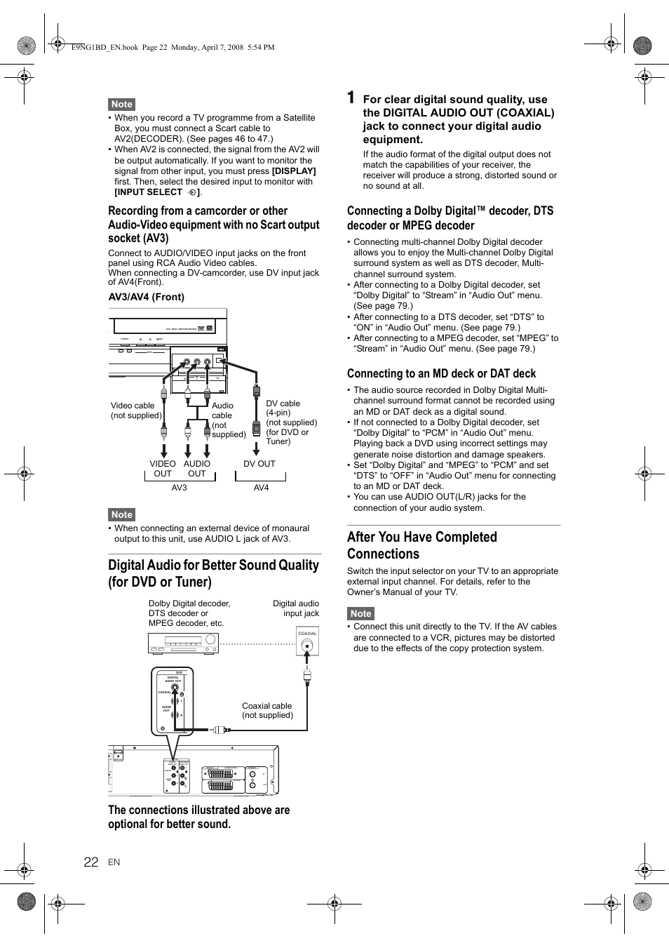 After you have completed connections, Connecting to an md deck or dat deck, Av3/av4 (front) | Toshiba DVR18 User Manual | Page 22 / 96