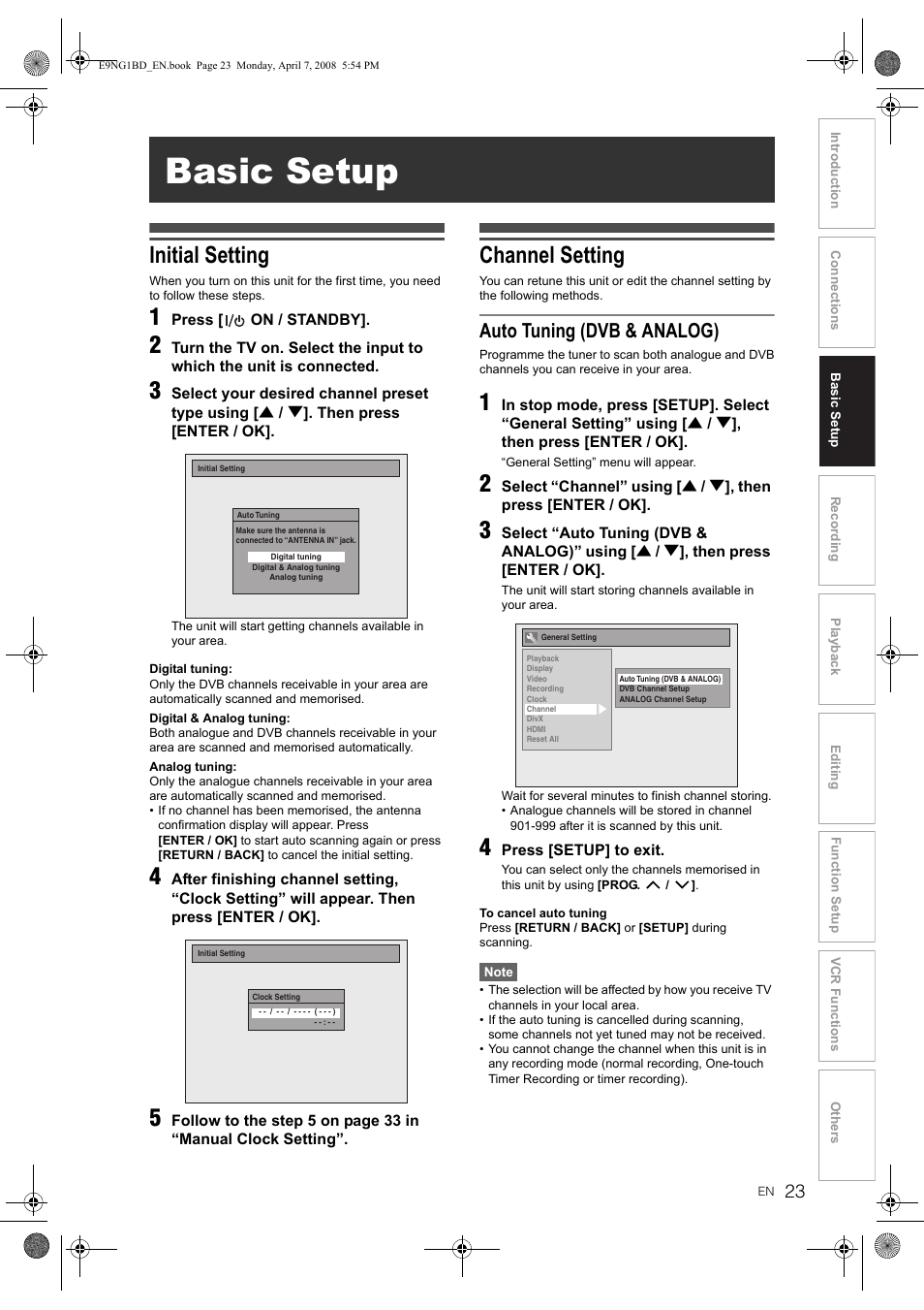 Basic setup, Initial setting, Channel setting | Auto tuning (dvb & analog) | Toshiba DVR18 User Manual | Page 23 / 96