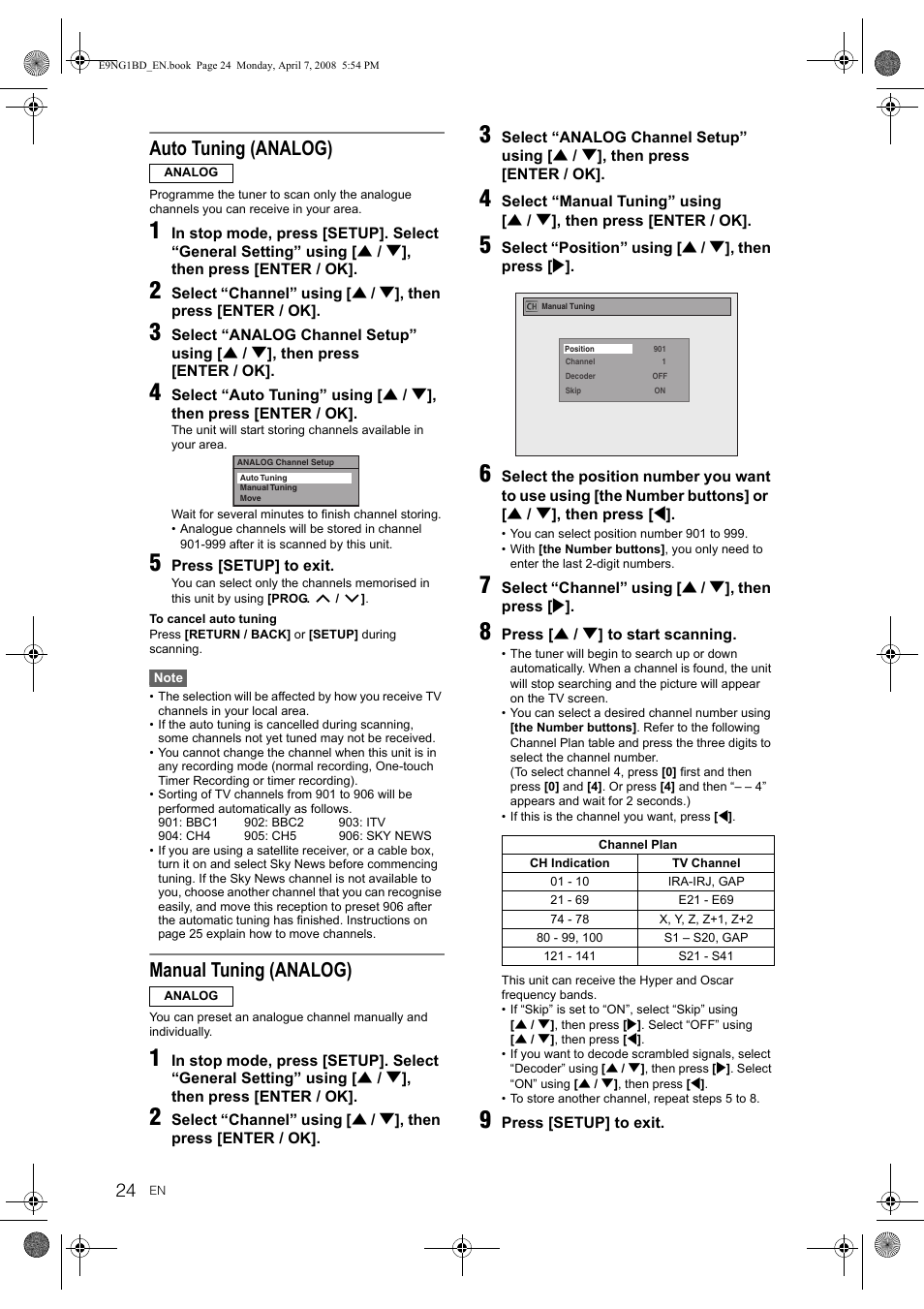 Auto tuning (analog), Manual tuning (analog) | Toshiba DVR18 User Manual | Page 24 / 96