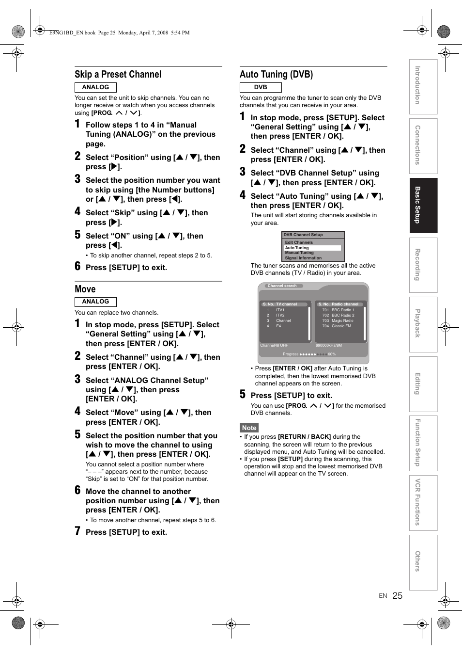 Skip a preset channel, Move, Auto tuning (dvb) | Toshiba DVR18 User Manual | Page 25 / 96