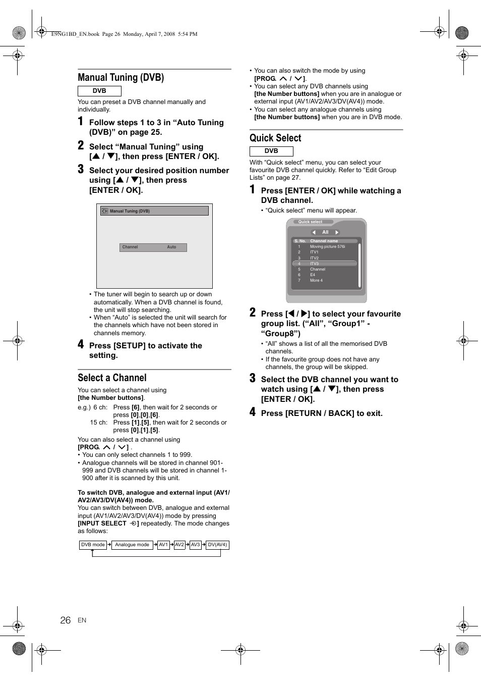 Manual tuning (dvb), Select a channel, Quick select | Toshiba DVR18 User Manual | Page 26 / 96