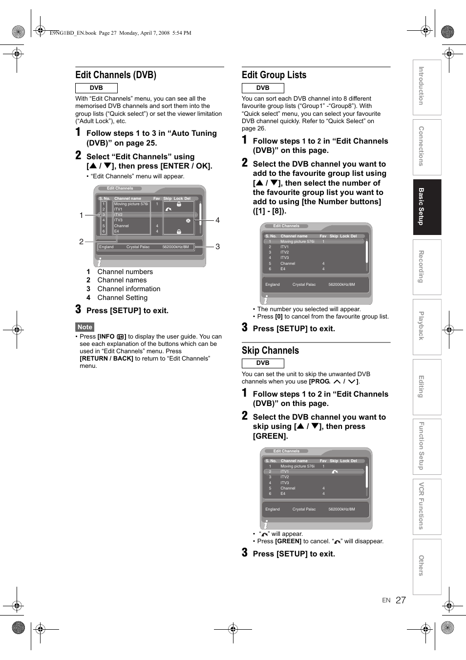 Edit channels (dvb), Edit group lists, Skip channels | Toshiba DVR18 User Manual | Page 27 / 96