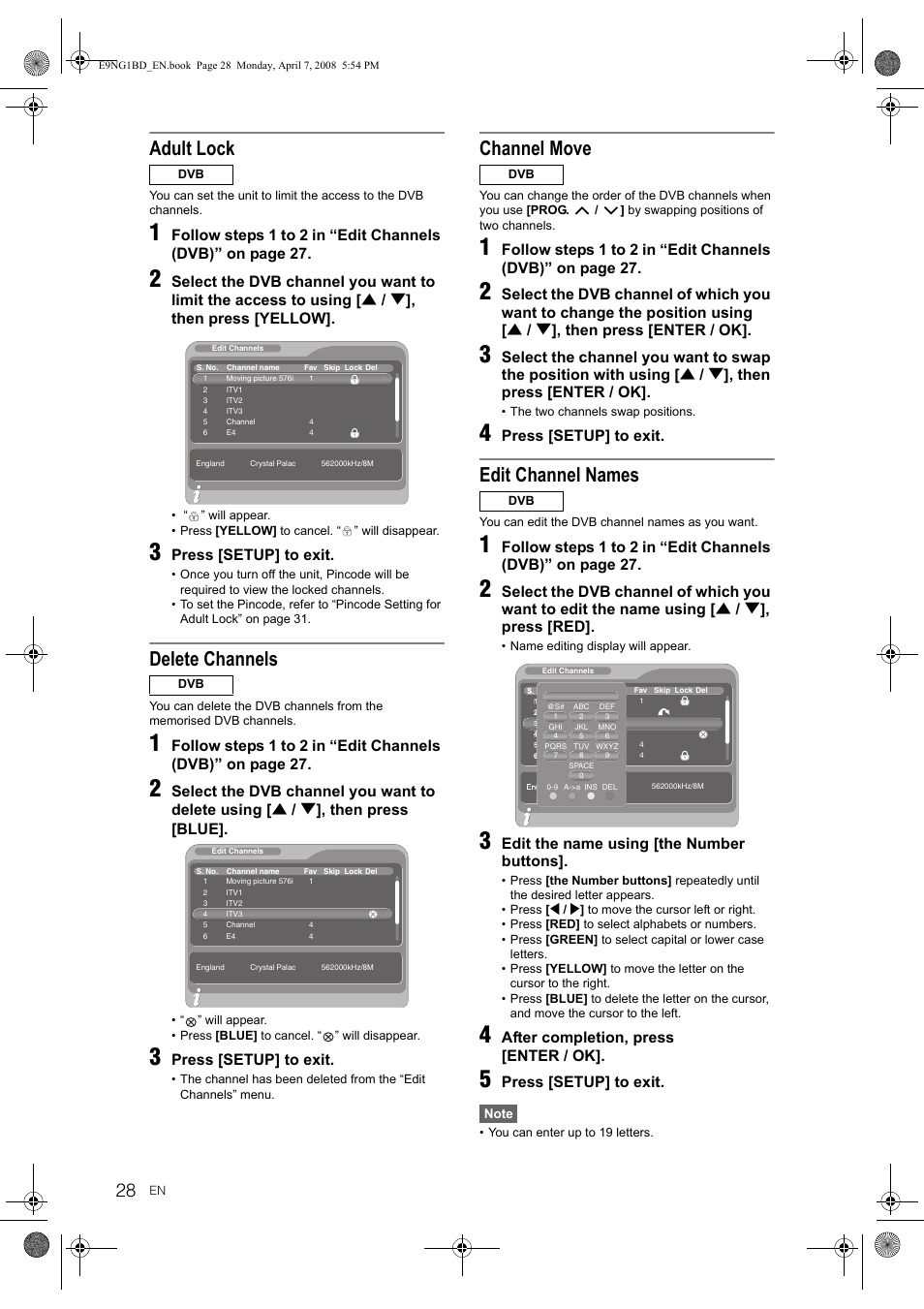 Adult lock, Delete channels, Channel move | Edit channel names | Toshiba DVR18 User Manual | Page 28 / 96