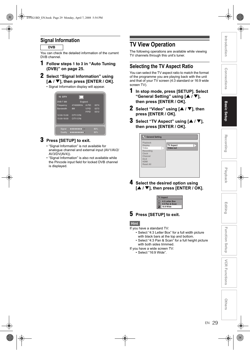 Tv view operation, Signal information, Selecting the tv aspect ratio | Toshiba DVR18 User Manual | Page 29 / 96