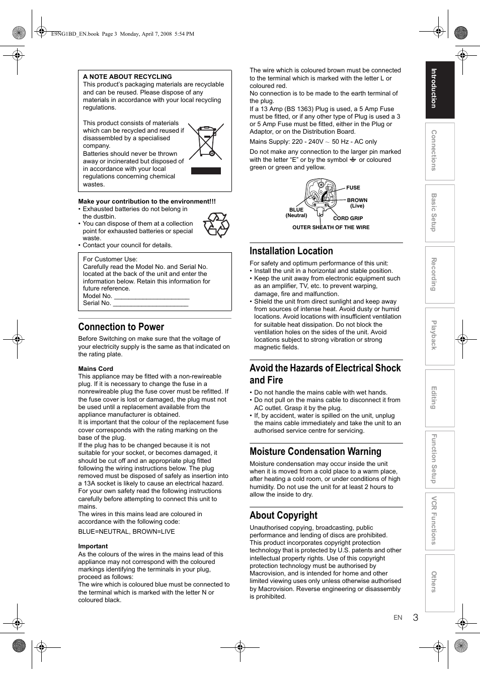 Connection to power, Installation location, Avoid the hazards of electrical shock and fire | Moisture condensation warning, About copyright | Toshiba DVR18 User Manual | Page 3 / 96