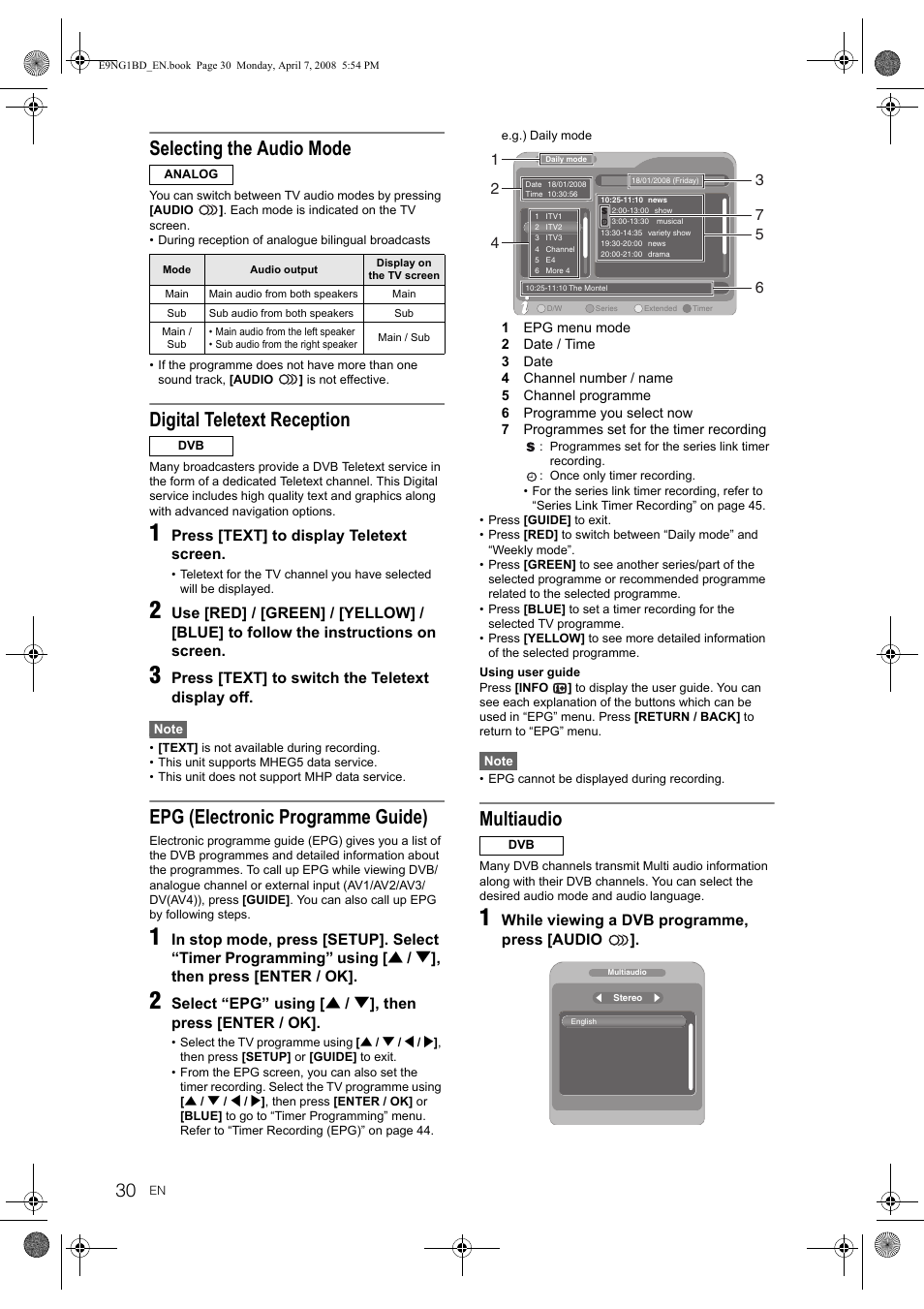 Selecting the audio mode, Digital teletext reception, Epg (electronic programme guide) | Multiaudio | Toshiba DVR18 User Manual | Page 30 / 96