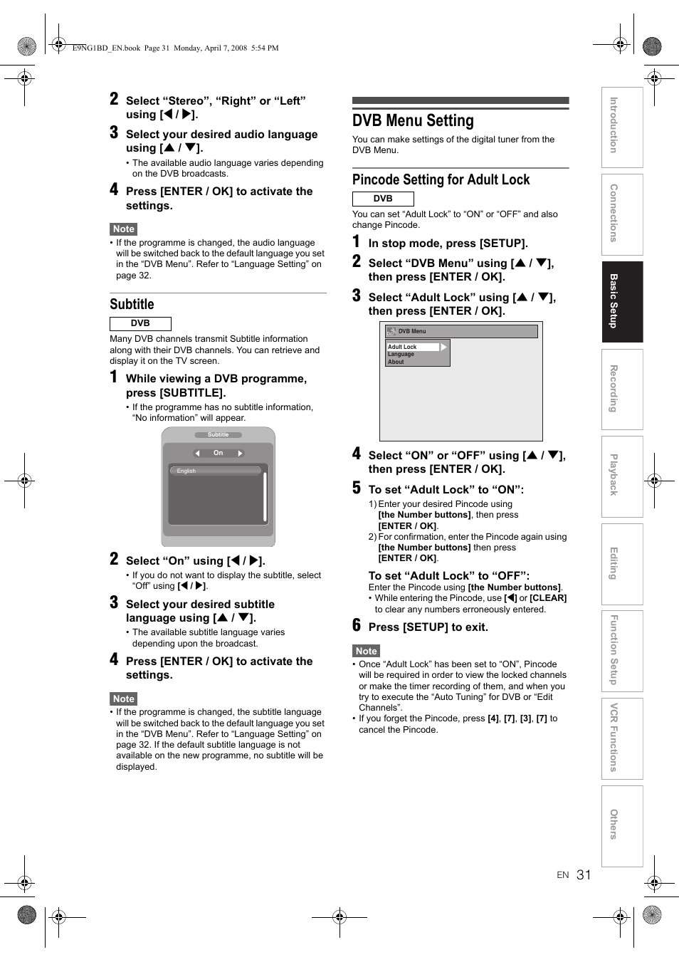 Dvb menu setting, Subtitle, Pincode setting for adult lock | Toshiba DVR18 User Manual | Page 31 / 96