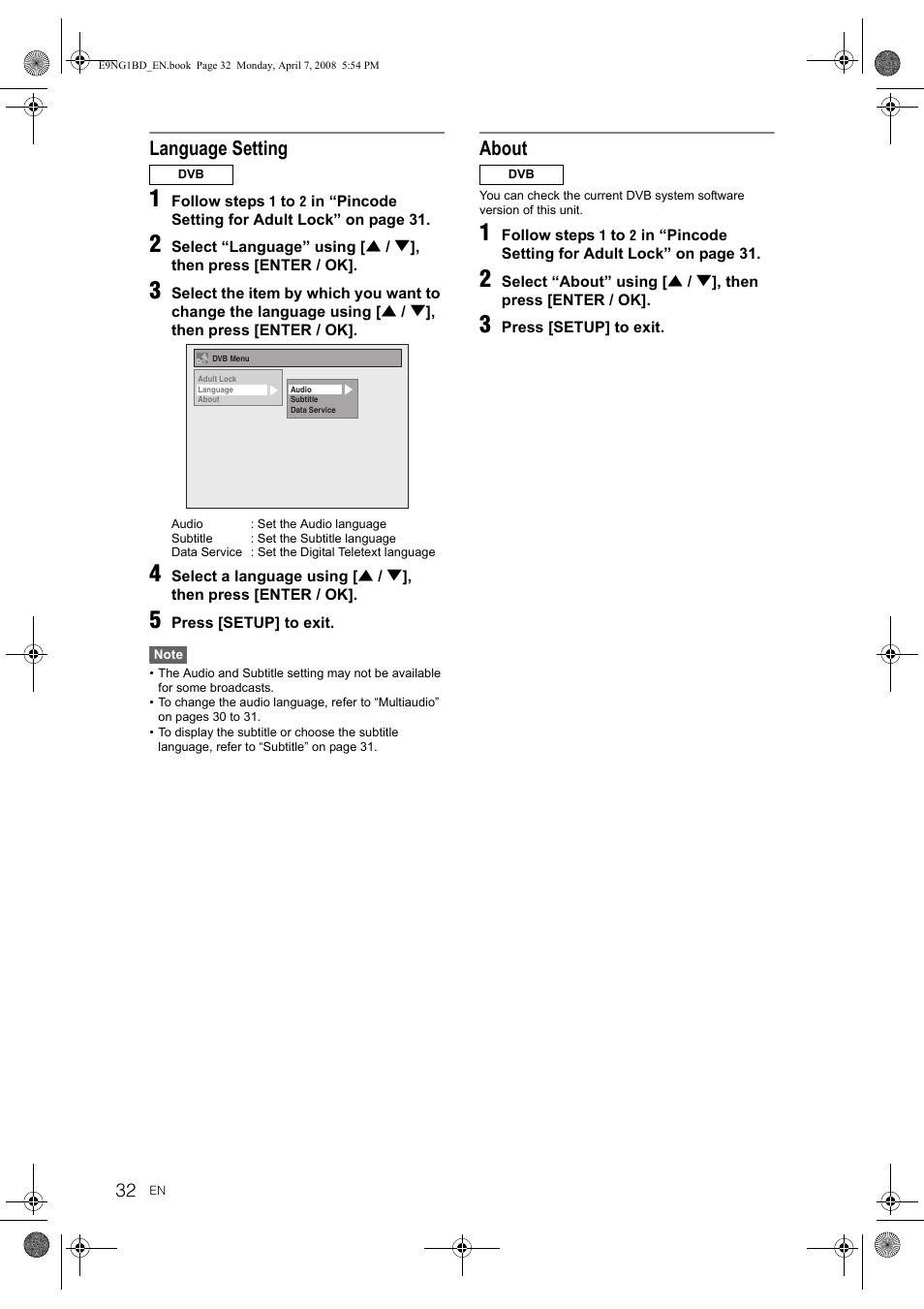 Language setting, About | Toshiba DVR18 User Manual | Page 32 / 96