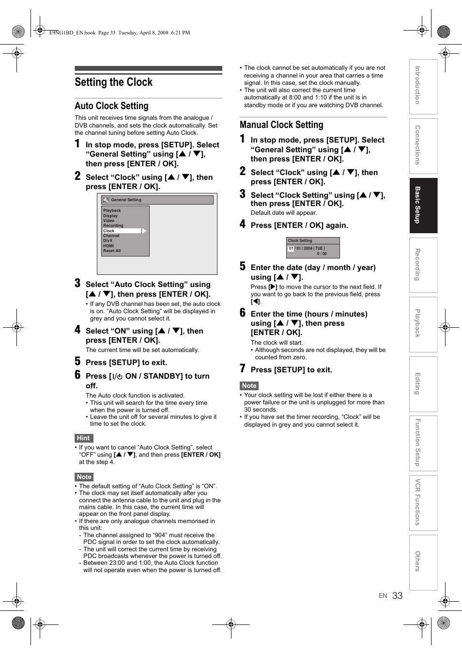 Setting the clock, Auto clock setting, Manual clock setting | Toshiba DVR18 User Manual | Page 33 / 96