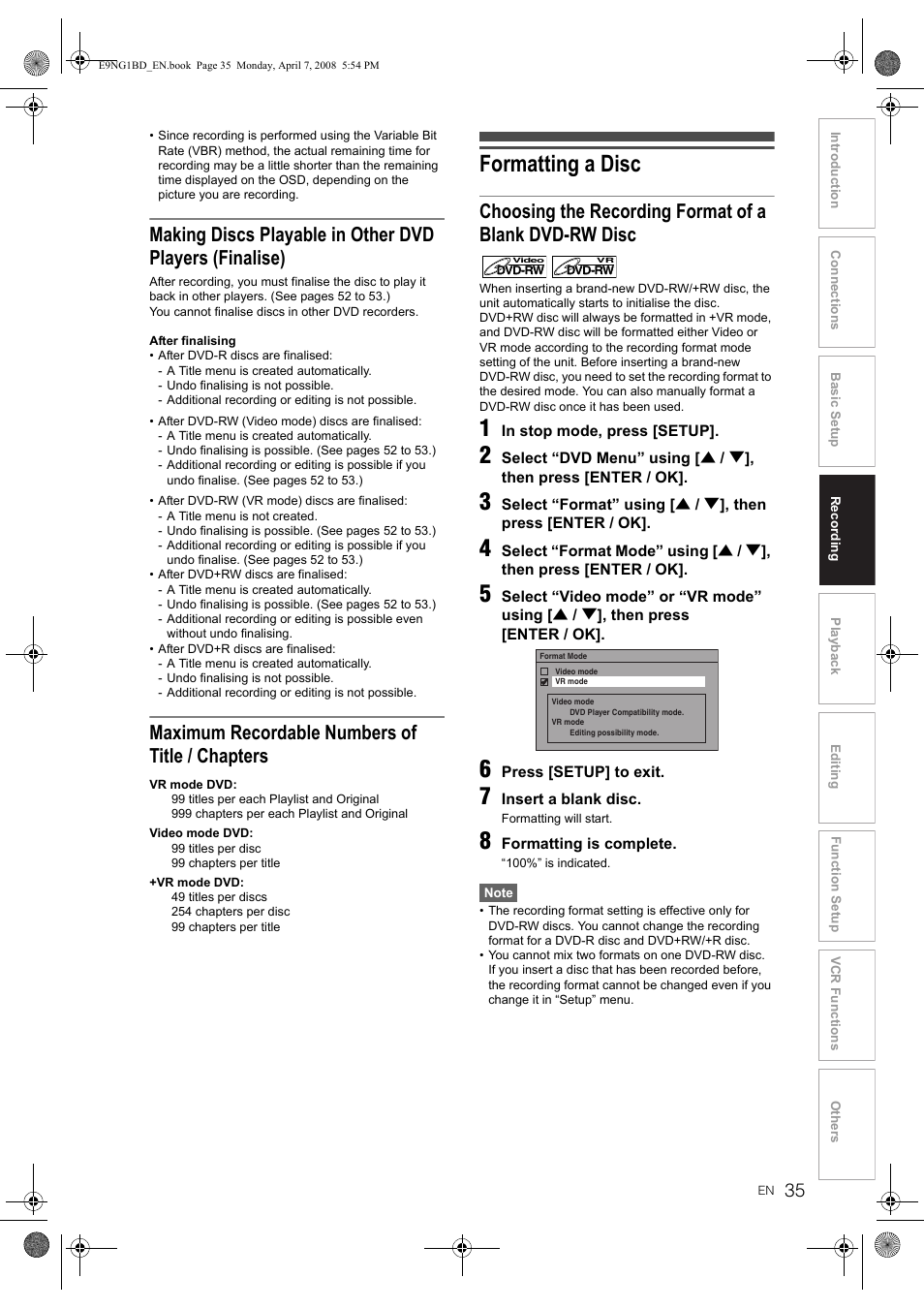 Formatting a disc, Maximum recordable numbers of title / chapters | Toshiba DVR18 User Manual | Page 35 / 96