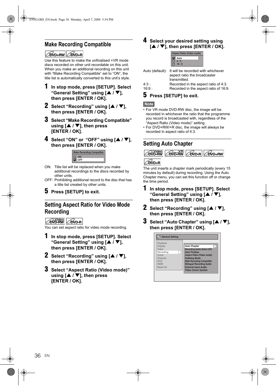 Make recording compatible, Setting aspect ratio for video mode recording, Setting auto chapter | Toshiba DVR18 User Manual | Page 36 / 96