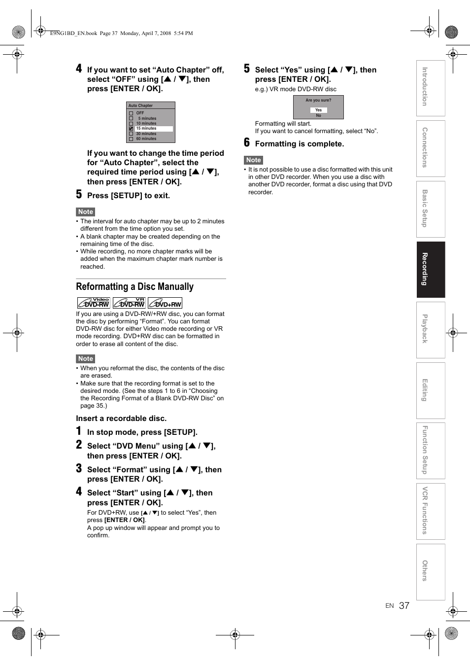 Reformatting a disc manually | Toshiba DVR18 User Manual | Page 37 / 96