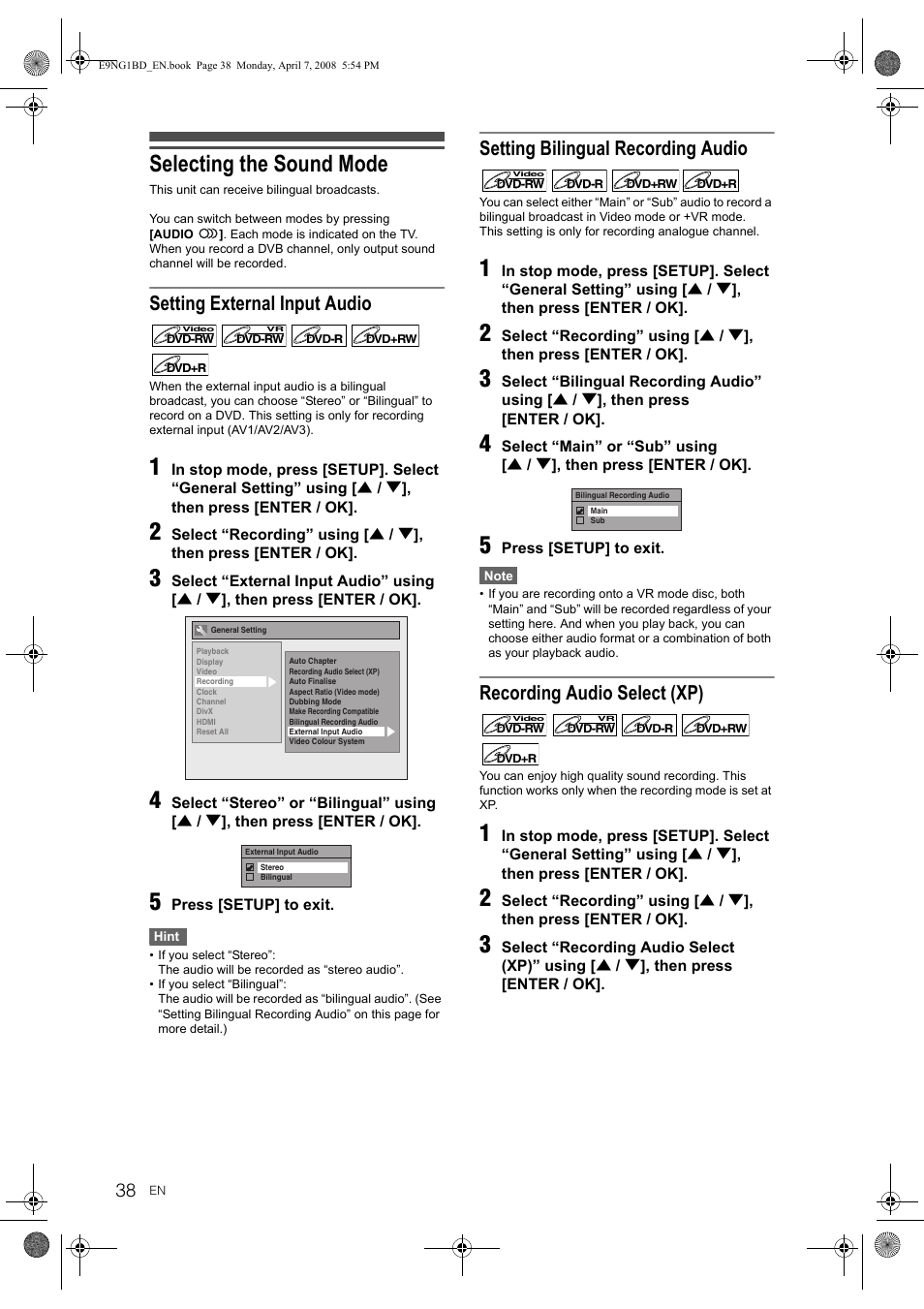 Selecting the sound mode, Setting external input audio, Setting bilingual recording audio | Recording audio select (xp) | Toshiba DVR18 User Manual | Page 38 / 96