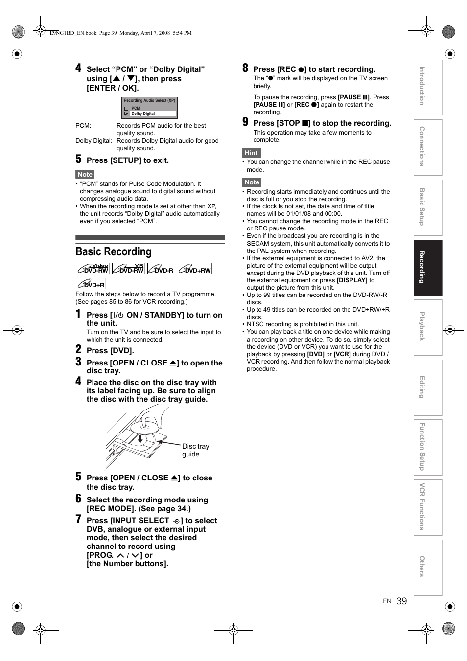 Basic recording | Toshiba DVR18 User Manual | Page 39 / 96