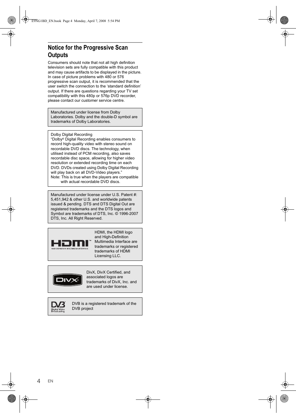 Notice for the progressive scan outputs | Toshiba DVR18 User Manual | Page 4 / 96