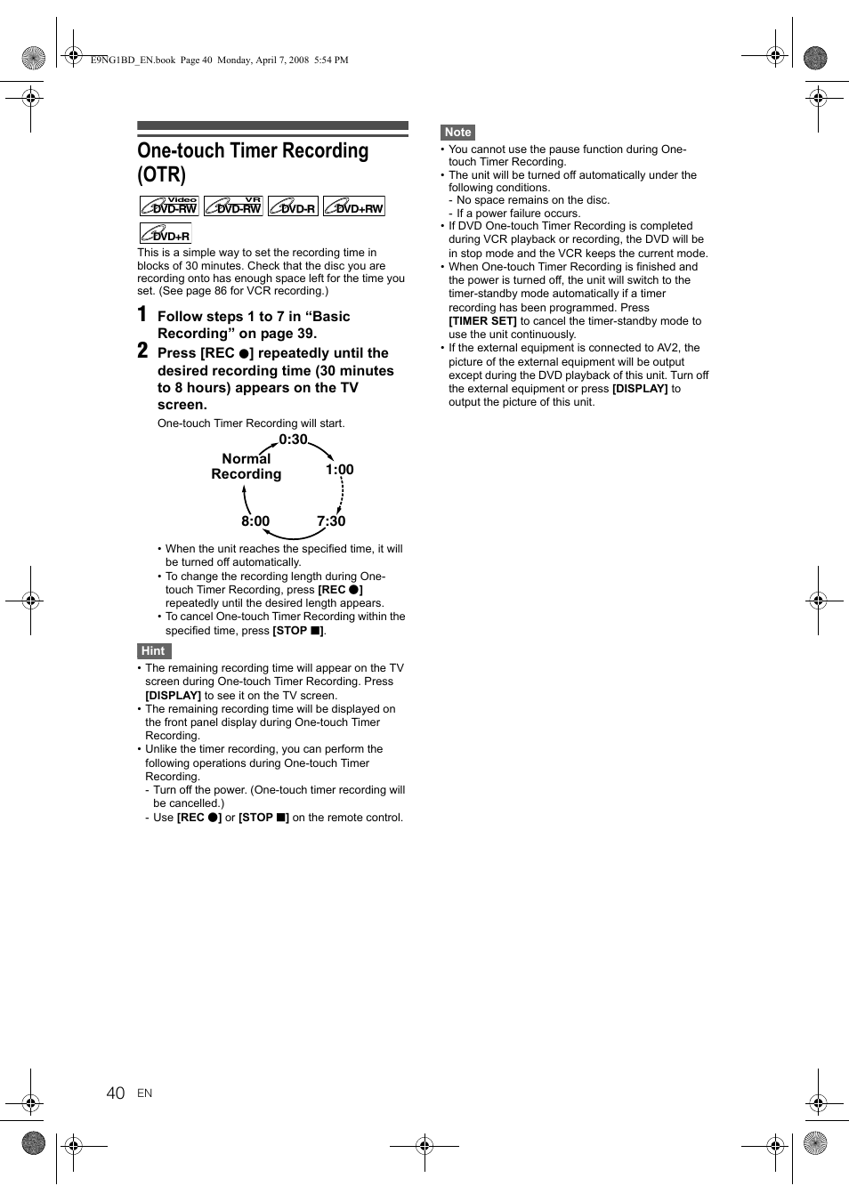 One-touch timer recording (otr) | Toshiba DVR18 User Manual | Page 40 / 96