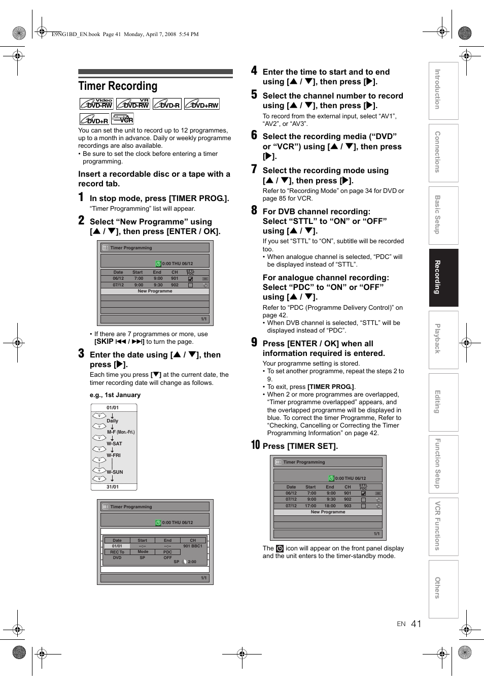 Timer recording | Toshiba DVR18 User Manual | Page 41 / 96