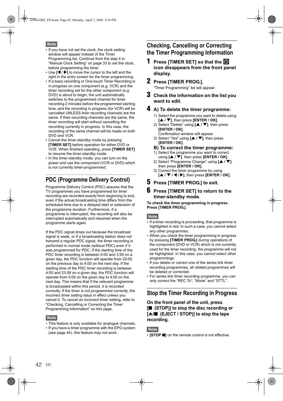 Pdc (programme delivery control), Stop the timer recording in progress | Toshiba DVR18 User Manual | Page 42 / 96