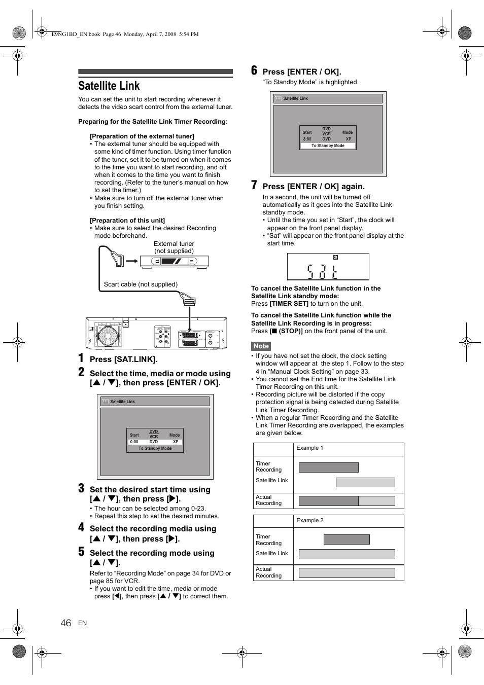 Satellite link, Press [sat.link, Select the recording mode using [ u / d | Press [enter / ok, Press [enter / ok] again | Toshiba DVR18 User Manual | Page 46 / 96