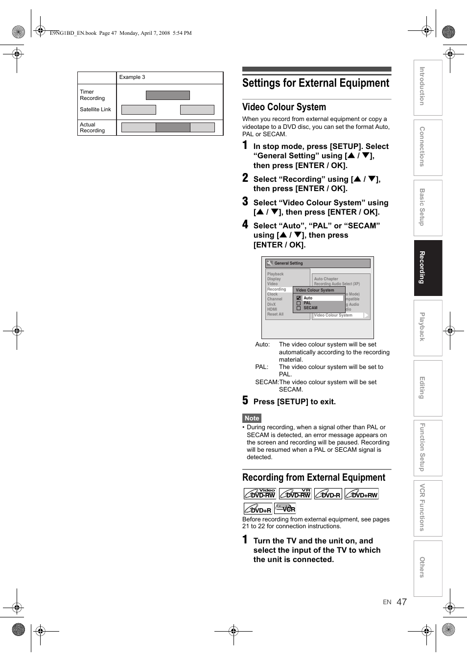 Settings for external equipment, Video colour system, Recording from external equipment | Toshiba DVR18 User Manual | Page 47 / 96