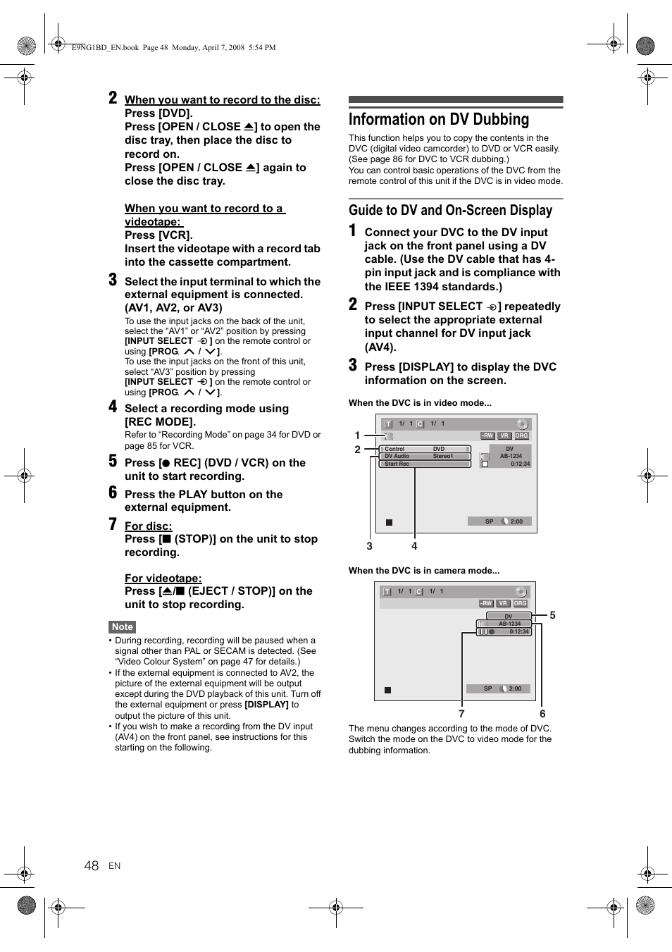 Information on dv dubbing, Guide to dv and on-screen display | Toshiba DVR18 User Manual | Page 48 / 96