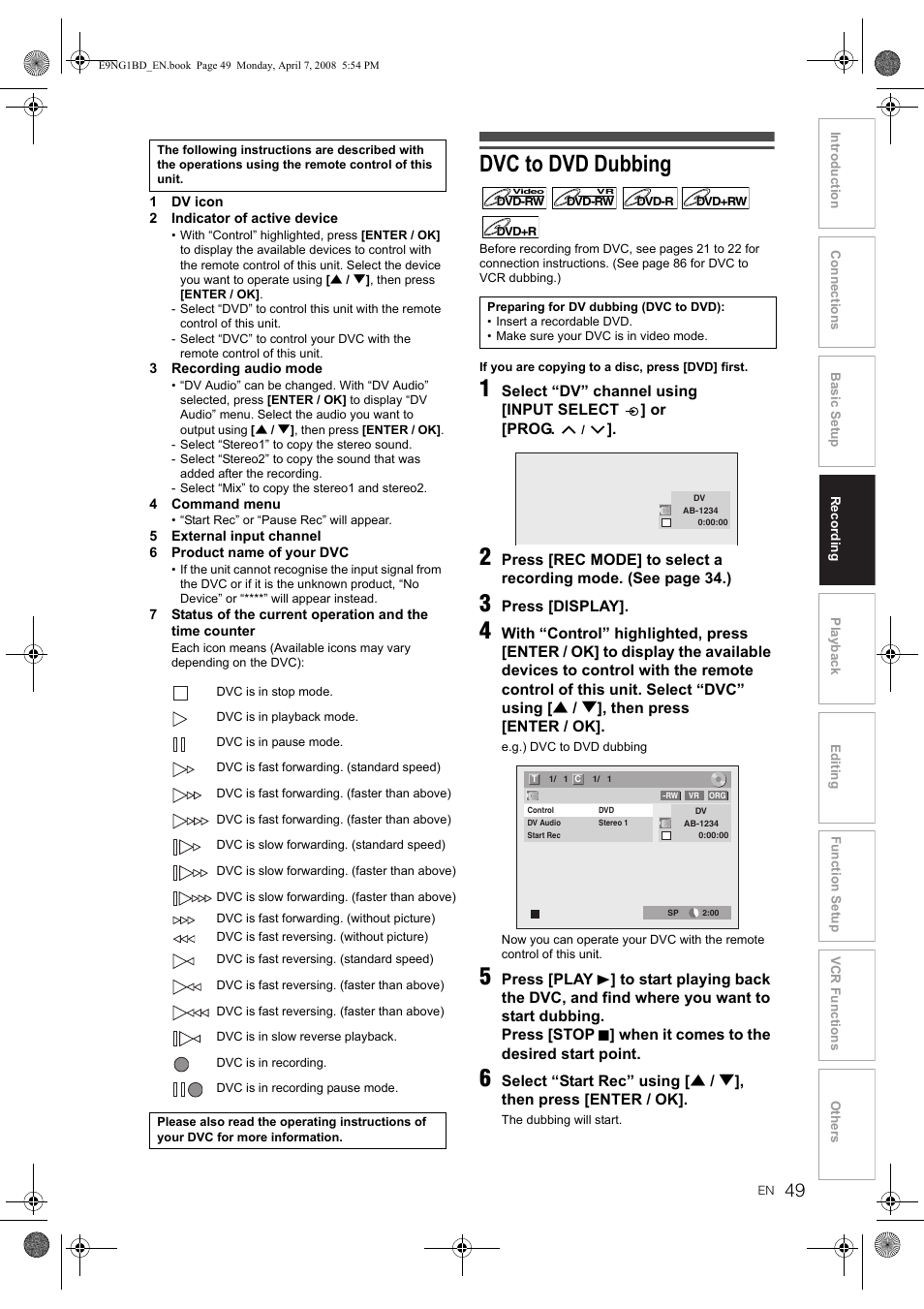 Dvc to dvd dubbing | Toshiba DVR18 User Manual | Page 49 / 96