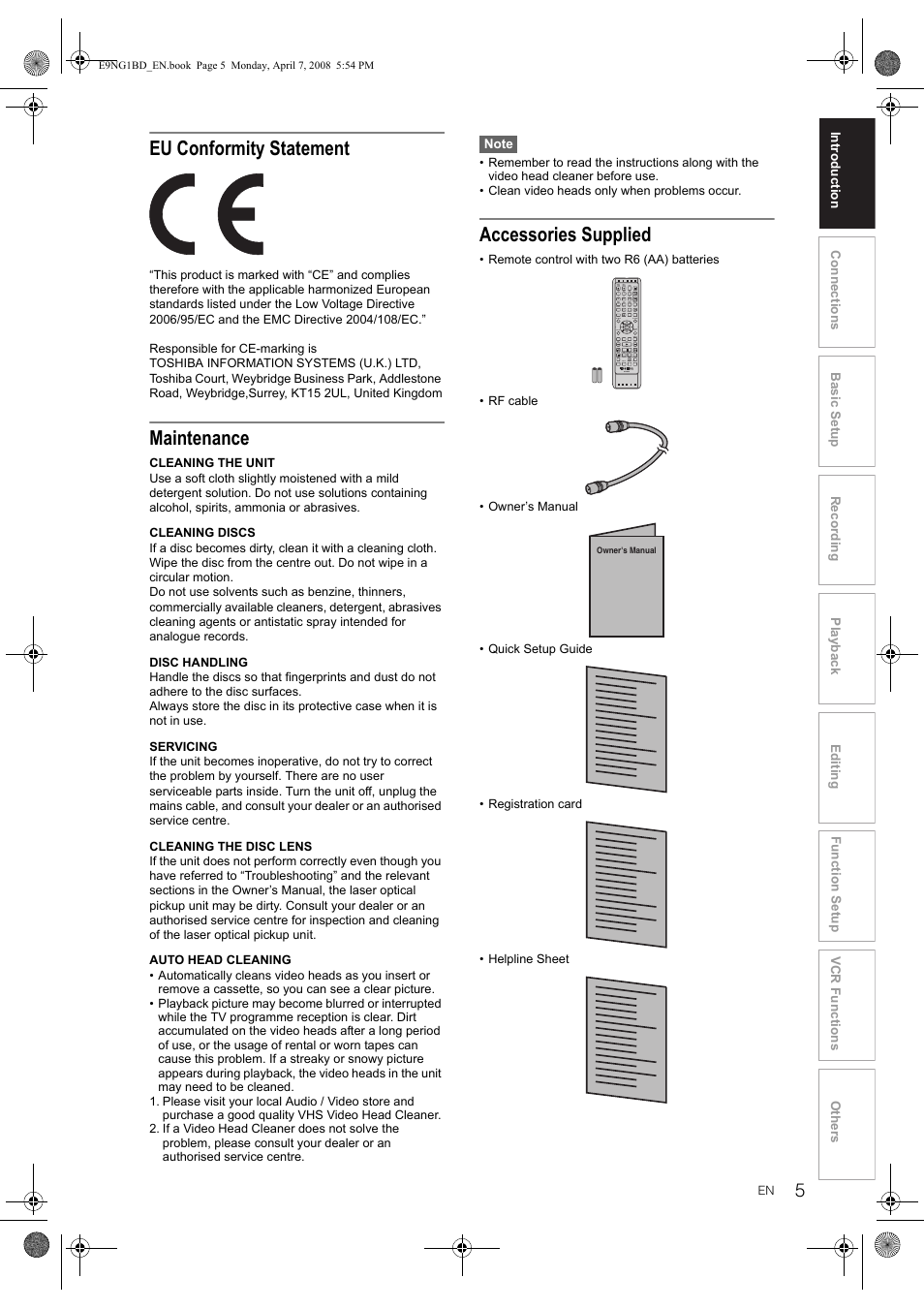 Eu conformity statement, Maintenance, Accessories supplied | Toshiba DVR18 User Manual | Page 5 / 96