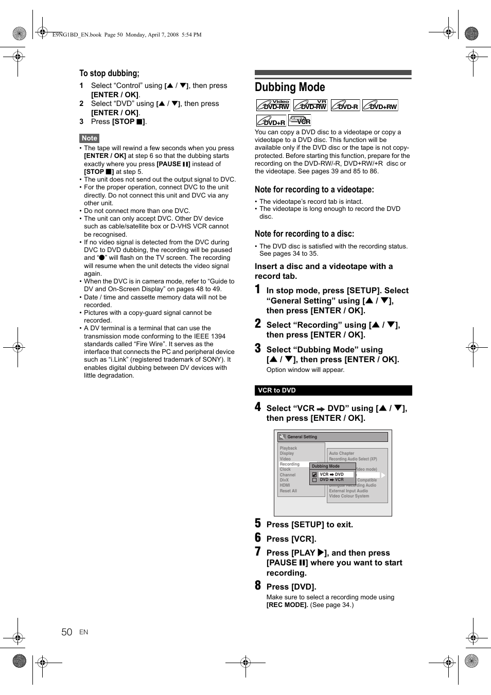 Dubbing mode | Toshiba DVR18 User Manual | Page 50 / 96