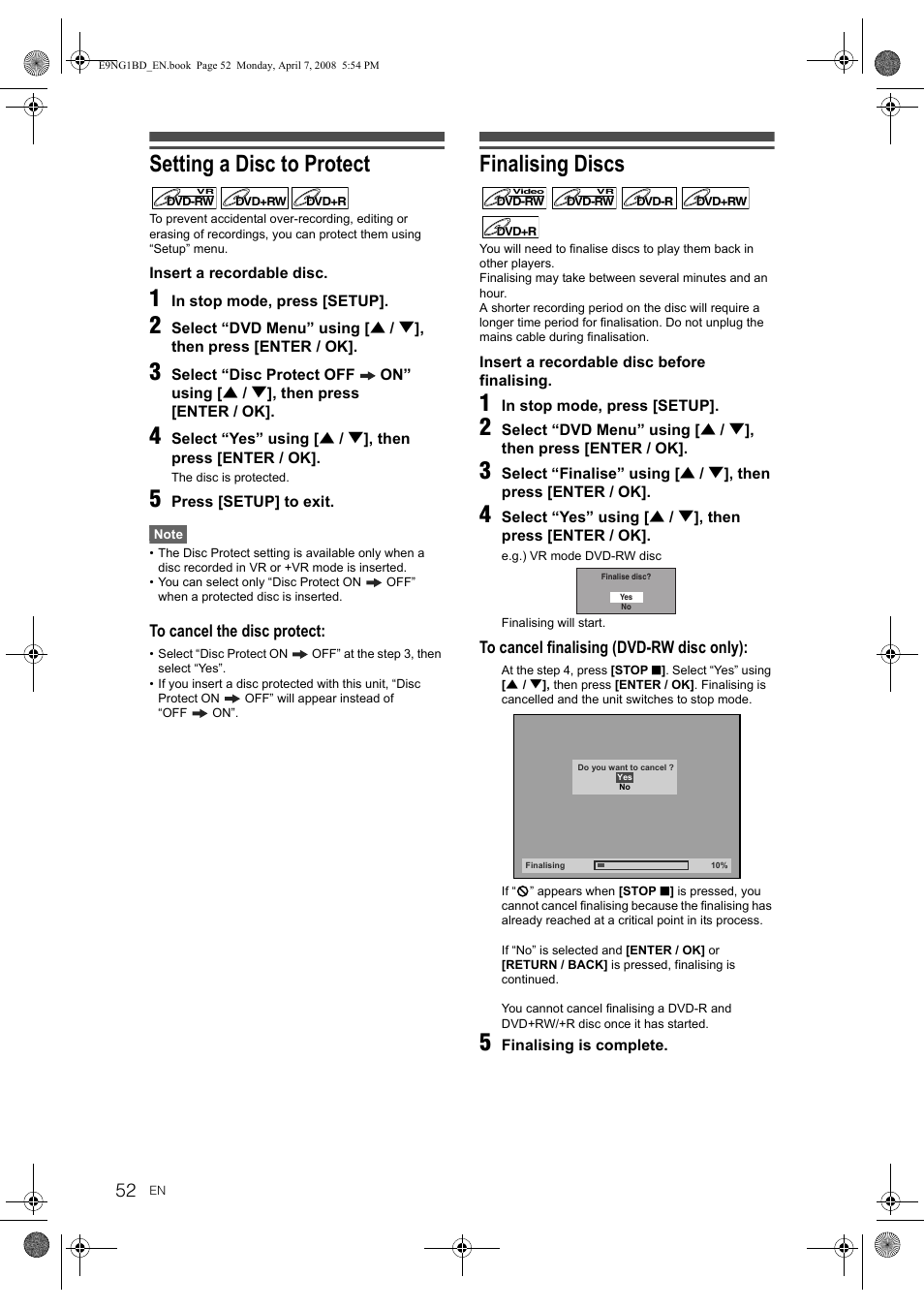 Setting a disc to protect, Finalising discs | Toshiba DVR18 User Manual | Page 52 / 96