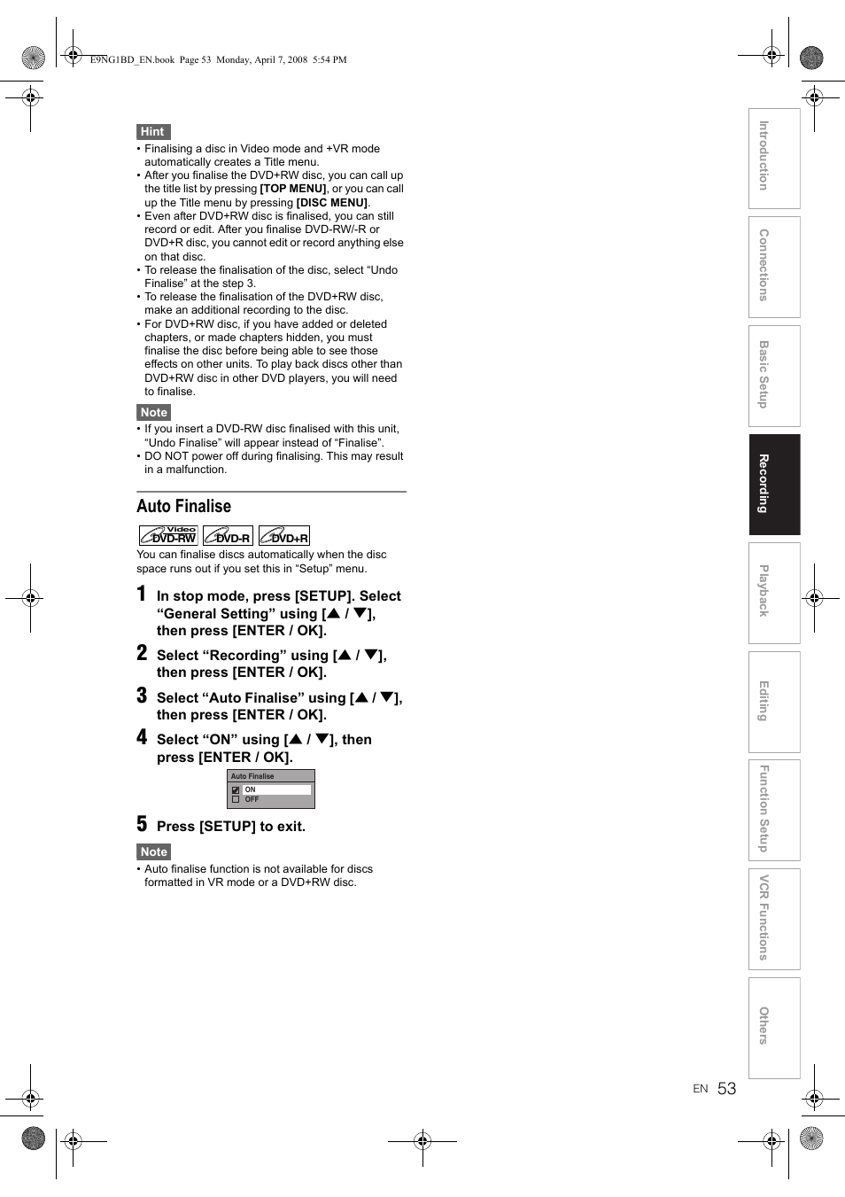 Auto finalise | Toshiba DVR18 User Manual | Page 53 / 96