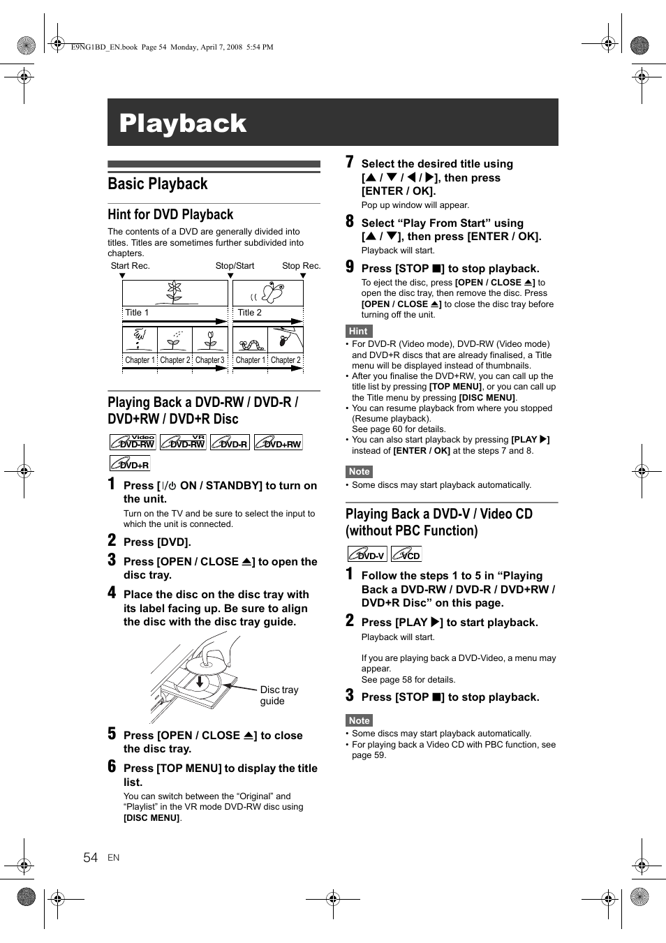 Playback, Basic playback, Hint for dvd playback | Toshiba DVR18 User Manual | Page 54 / 96