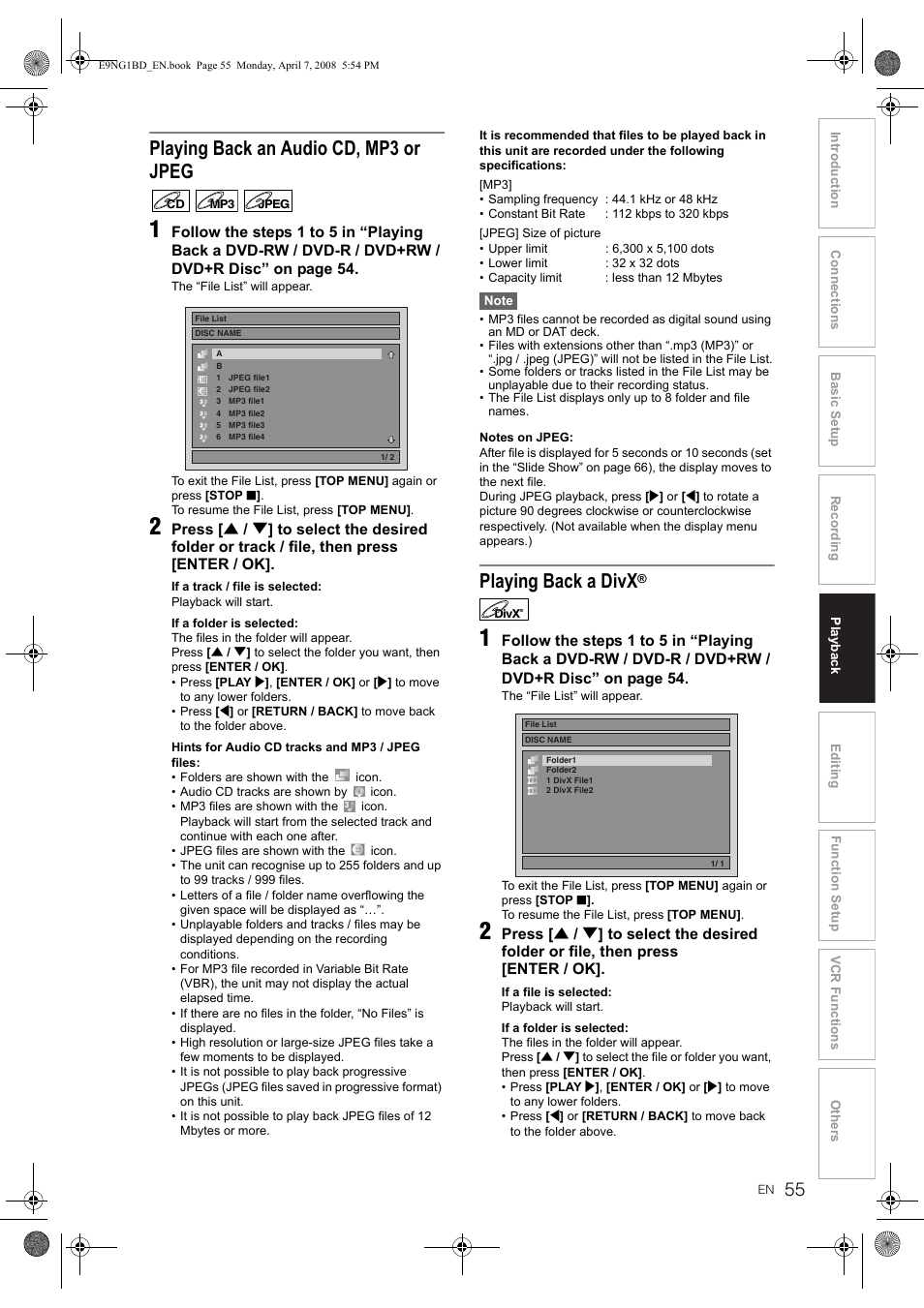 Playing back an audio cd, mp3 or jpeg, Playing back a divx | Toshiba DVR18 User Manual | Page 55 / 96