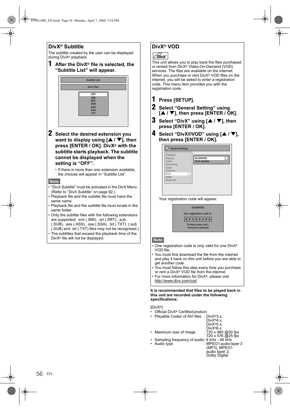 Divx, Subtitle | Toshiba DVR18 User Manual | Page 56 / 96