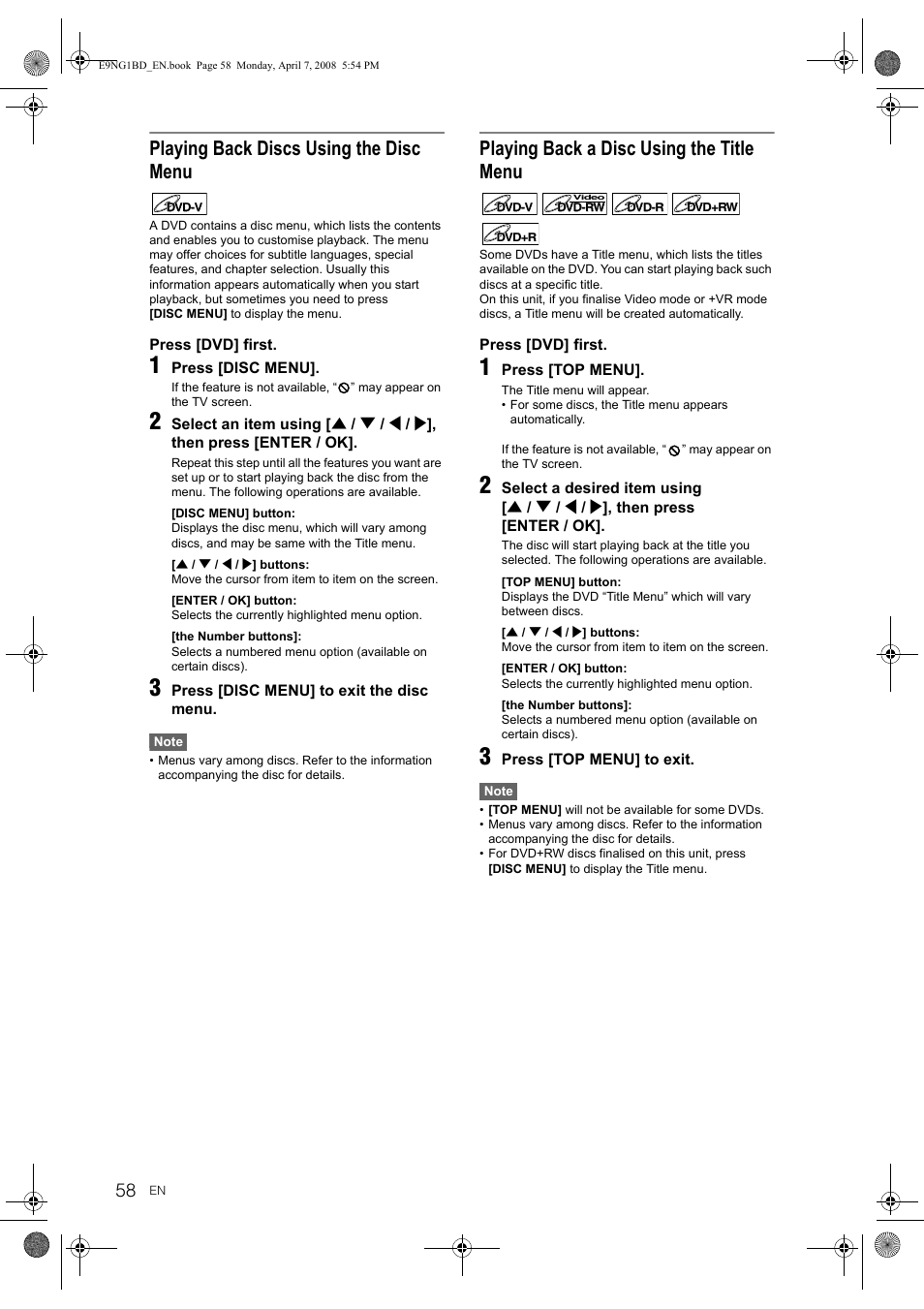 Playing back discs using the disc menu, Playing back a disc using the title menu | Toshiba DVR18 User Manual | Page 58 / 96