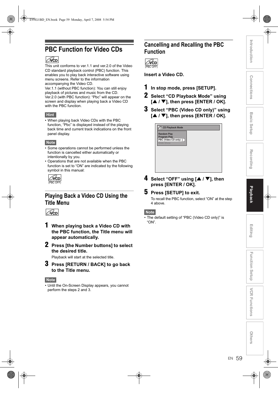 Pbc function for video cds, Playing back a video cd using the title menu, Cancelling and recalling the pbc function | Toshiba DVR18 User Manual | Page 59 / 96