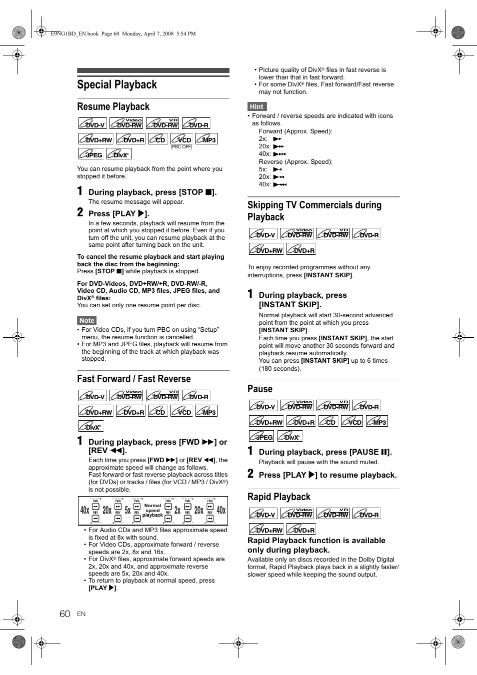 Special playback, Resume playback, Fast forward / fast reverse | Skipping tv commercials during playback, Pause, Rapid playback | Toshiba DVR18 User Manual | Page 60 / 96