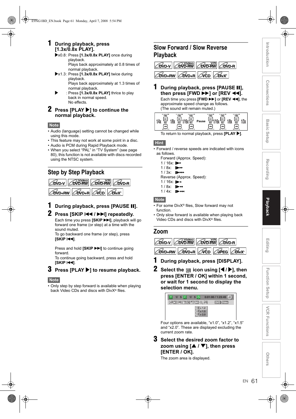 Step by step playback, Slow forward / slow reverse playback, Zoom | Toshiba DVR18 User Manual | Page 61 / 96