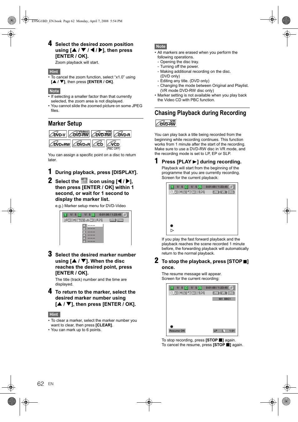 Marker setup, Chasing playback during recording | Toshiba DVR18 User Manual | Page 62 / 96