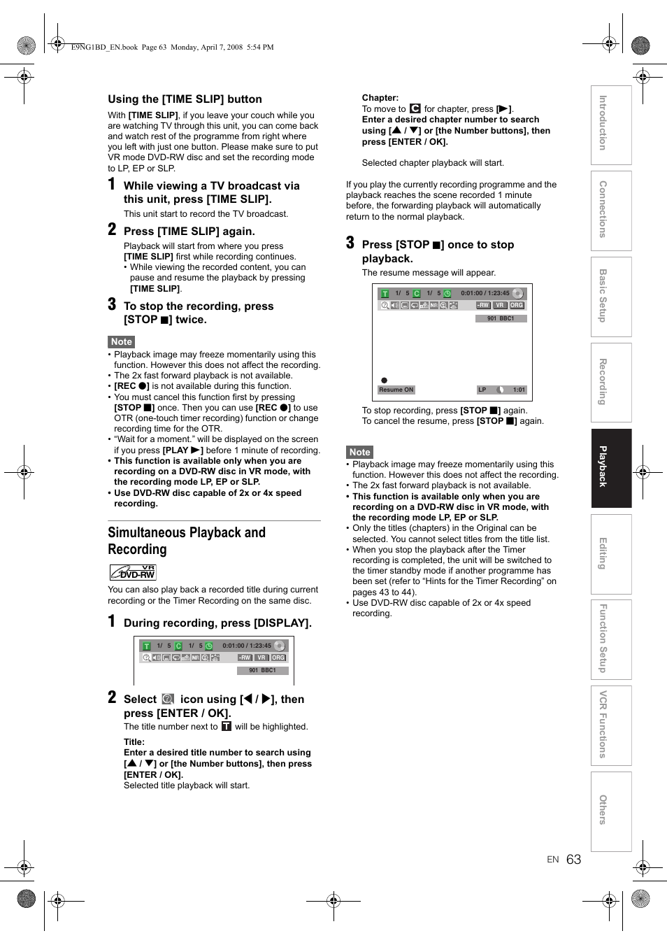 Simultaneous playback and recording | Toshiba DVR18 User Manual | Page 63 / 96