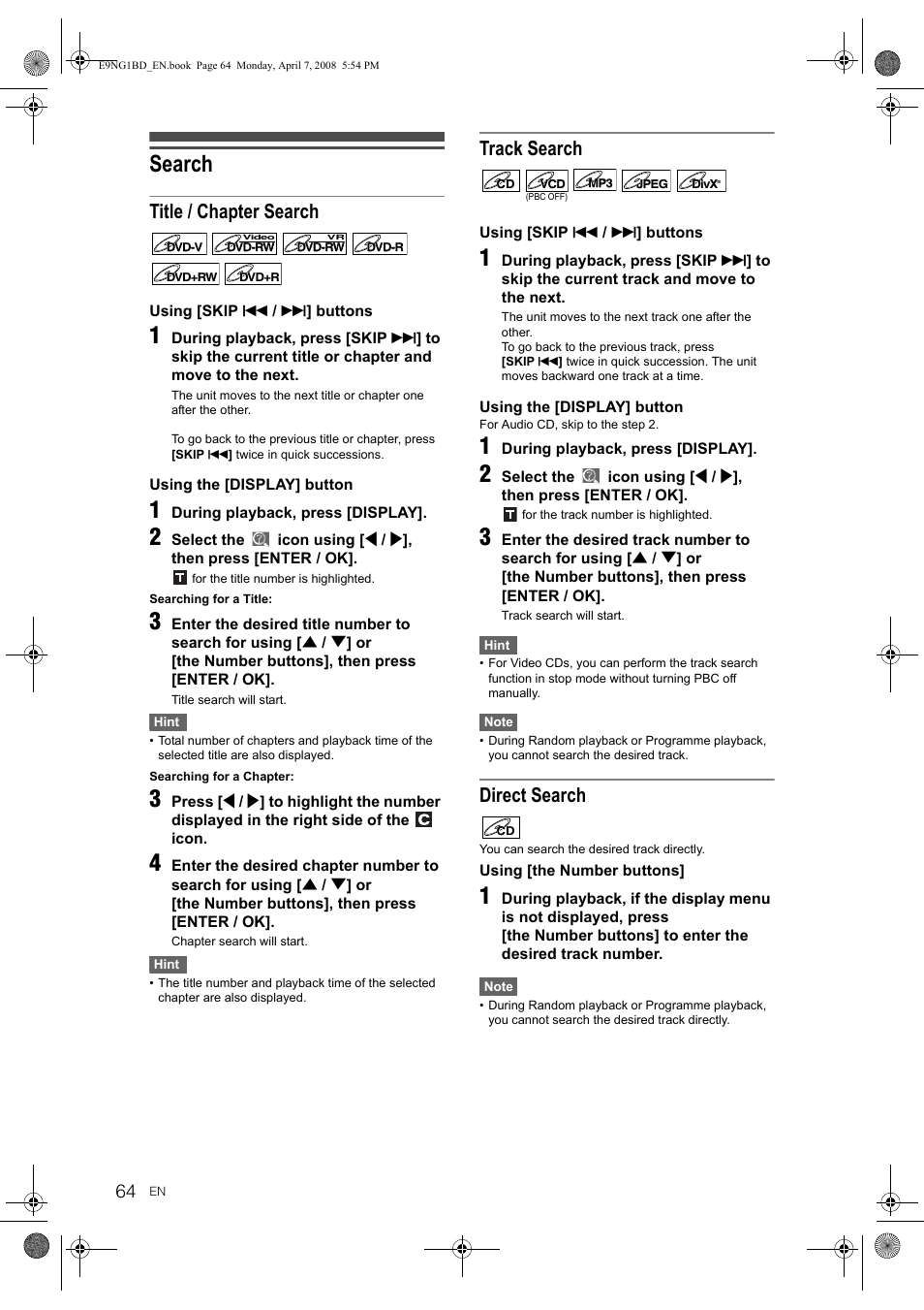 Search, Title / chapter search, Track search | Direct search | Toshiba DVR18 User Manual | Page 64 / 96